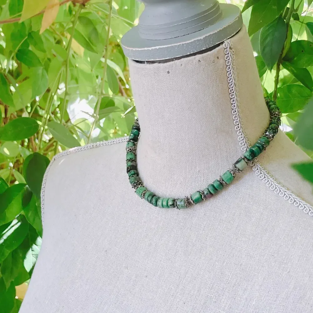 Genuine Ruby in Zoisite Green Gemstone Bead Necklace Silver Tone Artisan Choker